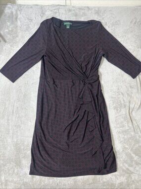 Lauren Ralph Lauren tie waist dress women’s 16 black maroon geometric print